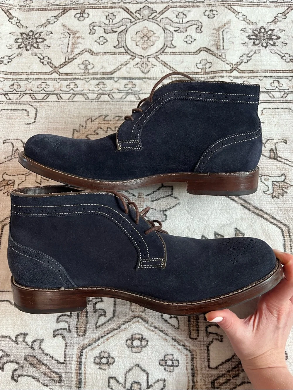 Johnston & Murphy Navy Suede Chukka Boots with Brown Laces